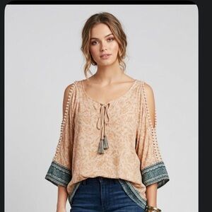 Democracy Boho Cold Shoulder Floral Blouse Small Tassel Tie Crochet